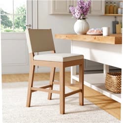 Nathan James Linus Modern Upholstered Counter Height Bar Stool with Back and Solid Rubberwood Legs in a Wire-Brushed Light Brown Finish, Natural Flax/Brown