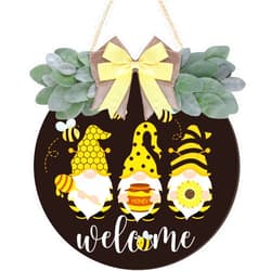 Whaline Bee Gnome Door Welcome Sign Spring Summer Wooden Hanging Sign with Bow Farmhouse Honey Bumble Bee Wood Front Door Hanger for Home Coffee Shop Bakery Window Decor Supplies