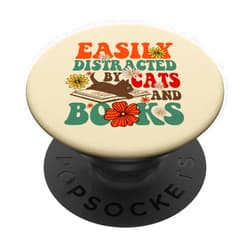 Groovy Cats And Book Lover Groovy Easily Distracted by Cats and Books Cute Book Lover PopSockets Adhesive PopGrip