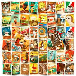 Retro Planet.com Retro Planet Coffee Around The World Vinyl Sticker Set of 50 Peel and Stick Decals, Car Stickers, Laptop Stickers, Water Bottles, Walls, Planners & More
