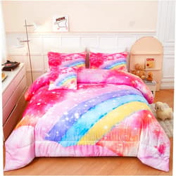ANGIYUIN Rainbow Twin Size Comforter Set for Girls 6 Pieces Sparkle Tie Dye Pink Girls Bedding Comforter Sets Galaxy Kids Bed Comforter Sets Gradient Glitter Soft Bed in A Bag with Sheets