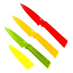 KUHN RIKON COLORI+ Non-Stick Straight and Serrated Paring Knives with Safety Sheaths, Set of 3, Red, Yellow and Green