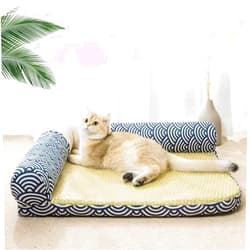 Generic 1pc Summer Cool Mat Pet Bed - Breathable Sisal Cat & Dog Lounger Sofa with High Edges, for All Seasons Corner Couch Comfort (Small), Navy/beige