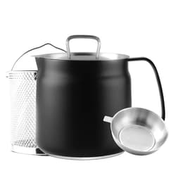 Bakpoco 1.5L Stainless Steel Oil Filter Pot, Bacon Grease Container with Fine Mesh Strainer & Deep Fryer Basket, Cooking Oil Lard Fat Saver Kitchen Storage, Induction Mini Milk Coffee Pot, Black