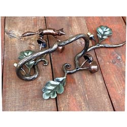 Handmade Door handle with a fox, oak decor, mushrooms and acorns, barn door handle, iron door handle