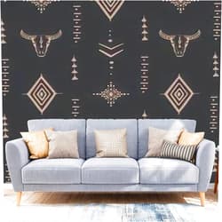 KWNFYVZJCSX Wallpaper Peel and Stick Boho Seamless Pattern Bull Skull with Horns Ethnic Arrangement on Large Wall Mural Removable Sticker Vinyl Film Covering Self Adhesive Decoration for Living Room