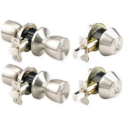 BRINKS - Bell Style Keyed Entry Door Knob and Single Cylinder Deadbolt Set, 2-Pack - Keyed Alike, Satin Nickel