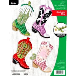 Bucilla Felt Applique 4 Piece Ornament Making Kit, Boots and Bling, Perfect for DIY Arts and Crafts