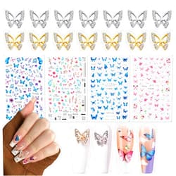KTAABTR 14 Pcs Butterfly Nail Charms 4 Sheets Butterfly Nail Stickers Supply Gold Silver Butterflies Nail Art Charms Blue Pink Purple Butterflies Leaf Nail Decals for Women DIY Butterfly Nail Decor Set