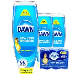 Dawn Dish Soap Squeeze Bottle, EZ-Squeeze Dawn Dishwashing Liquid, Dawn Dish Soap Liquid, Dish Washing Liquid + Non-Scratch Sponges for Dishes, Original, Includes 3x22oz Bottles + 2 Sponges