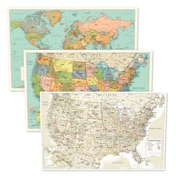 Palace Learning 3 Pack - World & USA Map Chart [Tan/Color] + Antique Style USA Map (LAMINATED, 18” x 29”)