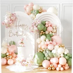 CROSSFINGERS Sage Green Pink Gold Balloon Arch Kit 132Pcs Sage Green Pink Peach Ivory White Gold Clear Balloons for Boho Wildflower Baby Shower Bridal Shower Birthday Party Tea Party Decorations