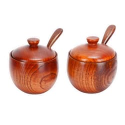 Tissting 2 Set Wood Spice Jar Condiment Bowls with Wooden Spoons and Lids, Japanese Style Sugar Bowl Pepper Salt Seasoning Container Condiment Jar Storage Box for Home Kitchen