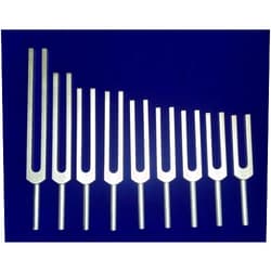 Saiish Sacred Selfegio silver set of 9 Tuning Fork | Includes Velvet pouch with Handmade North Indian Rosewood Polished Tuning Frok Mallet 22CM Long Handle