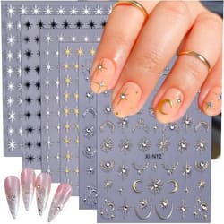 BMKKOT 6Pcs Star Nail Stickers for Nail Art 3D Self-Adhesive Shiny Black White Gold Silver Moon Stars Nail Art with Rhinestones Design Star Stickers Glitter Starlight Nail Decals for Women Girl Manicure Kit