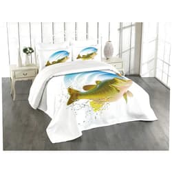 Ambesonne Fishing Coverlet, Largemouth Sea Bass Catching a Bite in Water Spray Motion Splashing Wild Image, 3 Piece Decorative Quilted Bedspread Set with 2 Pillow Shams, Queen Size, Green Blue