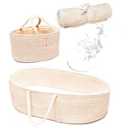 Generic Trendy Baby Changing Basket- Unisex Baby Moses Basket Set of 4 Pieces, Waterproof Pad Cover, Caddy Diaper Organizer,Cotton Blanket - Boho Basket - Nursery Decor - Bassinet Changing Table Topper