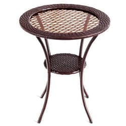 Tangkula 25 inch Patio Wicker Coffee Table Outdoor Backyard Lawn Balcony Pool Round Tempered Glass Top Rattan Steel Frame Side Table Furniture W/Storage Shelf, Brown