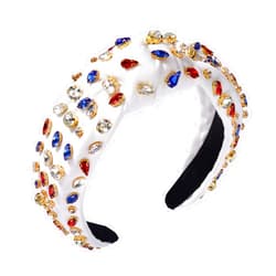 CENAPOG Rhinestone Knotted Headband for Women Sparkly Crystal Embellished Hairbands Twist Turban Headband Elastic Wide Velvet Hair Hoop Party Wedding Headwear for Girls (American Flag Colors)