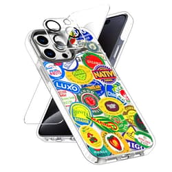 TRFAEE Designed for iPhone 15 Pro Max Case with Screen Protector & Camera Lens,Clear TPU Drop Proof Protective Bumper Phone Case Cover,Retro Fruits Stickers Collages Labels Stamp Collection