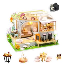 SYW DIY Miniature Dollhouse Kit with Music and LED Light，DIY Cat Coffee Garden Miniature House Kit, 1:24 Scale Creative Doll House Toys for Teen Adults