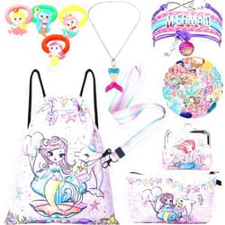 RHCPFOVR Mermaid Gifts for Girls - Drawstring Backpack,Makeup Bag,Bracelet,Necklace for Party Favors