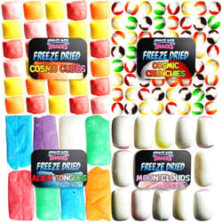 Space Age Snacks Premium Freeze Dried Candy Variety Pack with 4 Kinds of Candy - Alien Tongues, Cosmo Cubes, Cosmic Crunchies, Moon Clouds and Stickers - Freeze Dried Candy Sampler Shipped in Box for Protection