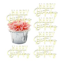 AiQi Bakes 6 Pieces Mirror Acrylic Happy Birthday Cupcake Toppers, Mini Cake Toppers Birthday Supplies Decorations (Golden)