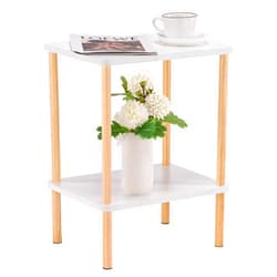 Apicizon 2 Tier End Table, Boho Side Table with Storage Shelf, Nightstand Bedside Table for Small Spaces, Bedroom, Living Room, Entryway, Farmhouse, Easy Assembly, White+Natural
