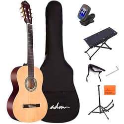 ADM Full Size Classical Nylon Strings Acoustic Guitar 39 Inch Classic Guitarra Starter Bundle for Adult with Free Lessons, Gig Bag, Tuner, Footstool, Kids Student Beginner Kits, Nature