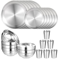 OMISTAR 24 PCS Stainless Steel Dinnerware Set, Includes 12PCS 6.7 & 10.2 in Plates, 6 Pieces Bowls and 6 Pieces Cups, 304 Reusable Camping Mess Kits for Home Kitchen, Dorm and Outdoor Picnic (Silver)