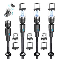 CJOY Magnetic Charging Cable(4 Pack 10ft+10ft+10ft+10ft), 540°Degree Rotation Magnetic USB Nylon Braided Magnetic Phone Charger for Type C, Micro USB…