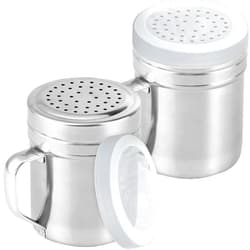 CUSINIUM Metal Salt Pepper Dredge Shakers - With Handle - Seasonings Spice Shakers With Holes and Lids - 10 Ounce, 2pcs | Style: Medium