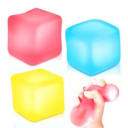 KLT Stress Cube Squishy Stress Balls for Kids: 3 Pack Sensory Fidget Toys for Anxiety Relief - Square Shape with Filling in Red Yellow Blue Calming Toys for Autism Children