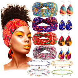 PLANTURECO 4 Sets African Headband with Leather Earrings Body Chain African Boho Headband Head Wrap African Jewelry Sets for Women