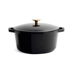 Kana Lifestyle Milo 5.5-quart Enameled Cast Iron Dutch Oven with Lid | Premium Casserole Cooking Pot | Enamel Coating Inside and Out | Oven Safe and Dishwasher Friendly (Gloss Black with Gold Knob)
