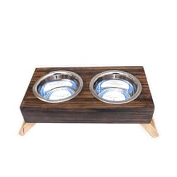 Country Living Classic Elevated Pet Feeder - Solid Mango Wood with Brown Polished Finish, Includes 2 Small (12 oz) Stainless Steel Bowls - Foldable Legs for Easy Storage