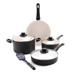 GreenLife Soft Grip 8 Piece Cookware Set, Non-Toxic PFAS-Free Ceramic Nonstick, Frying, Sauce, Sauté, Utensils, Glass Lids, Stay-Cool Handles, Wobble Free, Dishwasher & Oven Safe, Black