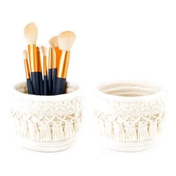 Mkono Macrame Makeup Brush Holder Organizer Comb Brushes Mini Storage Basket Set of 2 Boho Decor Baskets for Pen Pencil Box Container ,Ivory