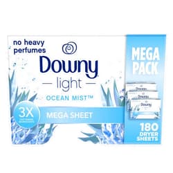 Downy Light Mega Dryer Sheets, Fabric Softener Dryer Sheets, Ocean Mist, 180 Count