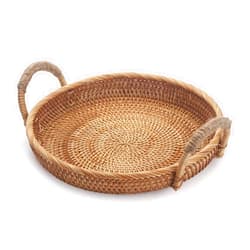 DECRAFTS Rattan Round Fruit Basket for Table Wicker Bread Tray with Handle for Serving Food, Crackers, Snacks (11inch D x 1.8inch H)