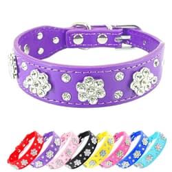 UVONOKAY Rhinestone Flower Dog Collar - Sparkling Leather Pet Collar - for Small and Medium Dogs (Purple S)