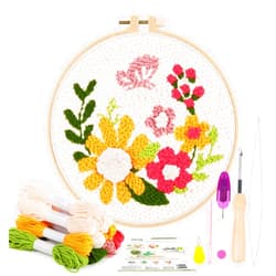 Pllieay Punch Needle Embroidery Starter Kits for Kids and Adults Beginners, Include Instructions, Punch Needle Fabric with Floral Pattern, Yarns, Embroidery Hoops and Threader Tools