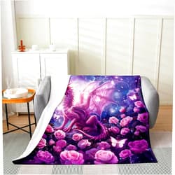Castle Fairy Dragon Flannel Blanket Warm Lightweight,Cartoon Pink Dragon Rose 3D Print Romantic Flower Fuzzy Warm Blanket for Boys Girls,Watercolor Galaxy Starry Sky Bed Sofa Couch Blankets 40