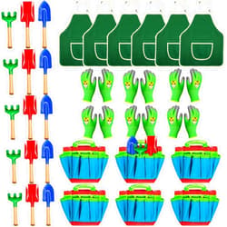 Wettarn 36 Pcs Kids Gardening Tool Set Garden Set Toy Includes Metal Shovel with Sturdy Wooden Handle Rake Trowel Apron Gardening Gloves Tote Bag Funny Children Garden Tools for Girls Boys Outdoor (Vibrant)