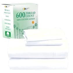 California Design Den Queen Sheet Set - Luxury 600 Thread Count Sateen, 100% Cotton Deep Pocket Queen Sheets with All Around Elastic for a, Hotel Quality Bedding Set - White