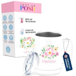 Just So Posh Memaw Flowers Tumbler, Coffee Mug with Handle and Slider Lid, White 15 oz Polar Camel, Stainless Steel, Vacuum Insulated