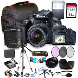 Canon EOS 4000D / Rebel T100 DSLR Camera w/EF-S 18-55mm F/3.5-5.6 Zoom Lens + 64GB Memory, Filters,Case, Tripod, Flash, and More (34pc Bundle) (Renewed)