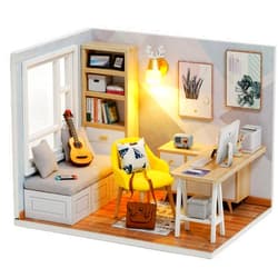 CUTEROOM DIY Doll Room Miniature Furniture Wooden House Kit - Wooden Dolls House Kit with Dust Cover & LED Light and Accessories - QT Series Dollhouse