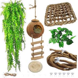 MUYG 6PCS Crested Gecko Coconut Hut, Lizard Coco Den with Ladder and Reptile Hammock Bearded Dragon Tank Accessories Climbing Hanging Plants Jungle Vine Flexible Reptile Leaves Decor